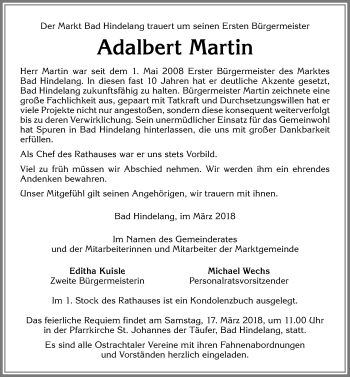 Traueranzeige von Adalbert Martin von Allgäuer Anzeigeblatt