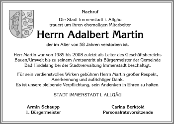 Traueranzeige von Adalbert Martin von Allgäuer Anzeigeblatt