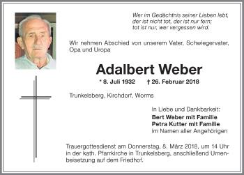 Traueranzeige von Adalbert Weber von Memminger Zeitung