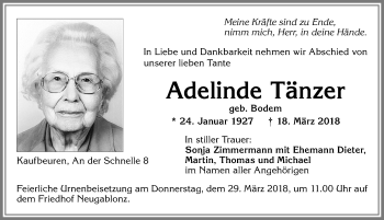 Traueranzeige von Adelinde Tänzer von Allgäuer Zeitung, Kaufbeuren/Buchloe