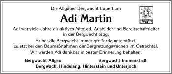 Traueranzeige von Adi Martin von Allgäuer Anzeigeblatt