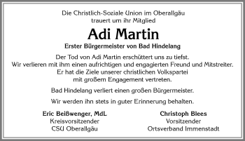 Traueranzeige von Adi Martin von Allgäuer Anzeigeblatt