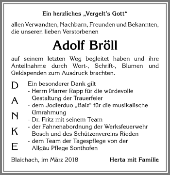 Traueranzeige von Adolf Bröll von Allgäuer Anzeigeblatt