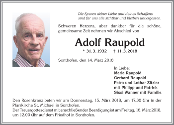 Traueranzeige von Adolf Raupold von Allgäuer Anzeigeblatt