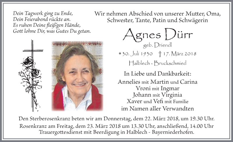  Traueranzeige für Agnes Dürr vom 20.03.2018 aus Allgäuer Zeitung, Füssen