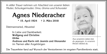 Traueranzeige von Agnes Niederacher von Allgäuer Zeitung,Kempten