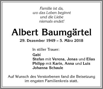Traueranzeige von Albert Baumgärtel von Allgäuer Zeitung,Kempten
