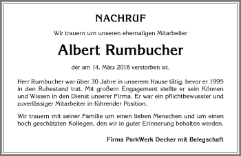 Traueranzeige von Albert Rumbucher von Allgäuer Zeitung,Kempten
