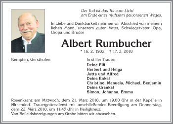 Traueranzeige von Albert Rumbucher von Allgäuer Zeitung,Kempten