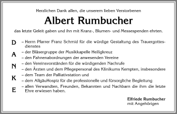 Traueranzeige von Albert Rumbucher von Allgäuer Zeitung,Kempten