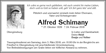 Traueranzeige von Alfred Schimany von Allgäuer Zeitung, Marktoberdorf