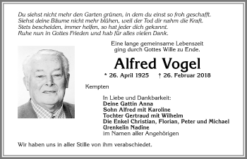 Traueranzeige von Alfred Vogel von Allgäuer Zeitung,Kempten