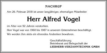 Traueranzeige von Alfred Vogel von Allgäuer Zeitung,Kempten