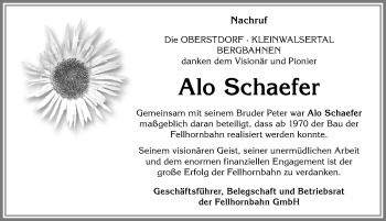 Traueranzeige von Alo Schaefer von Allgäuer Anzeigeblatt