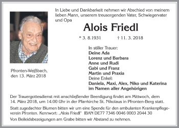 Traueranzeige von Alois Friedl von Allgäuer Zeitung, Füssen