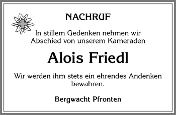 Traueranzeige von Alois Friedl von Allgäuer Zeitung, Füssen