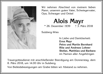 Traueranzeige von Alois Mayr von Allgäuer Zeitung,Kempten