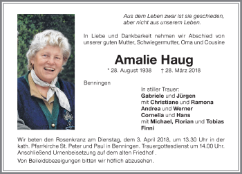 Traueranzeige von Amalie Haug von Memminger Zeitung