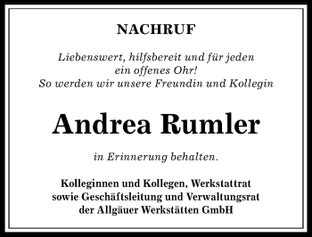 Traueranzeige von Andrea Rumler von Allgäuer Zeitung