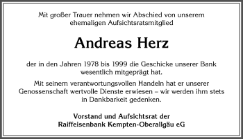 Traueranzeige von Andreas Herz von Allgäuer Anzeigeblatt