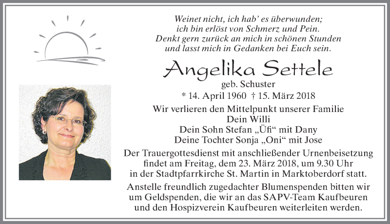  Traueranzeige für Angelika Settele vom 20.03.2018 aus Allgäuer Zeitung, Marktoberdorf