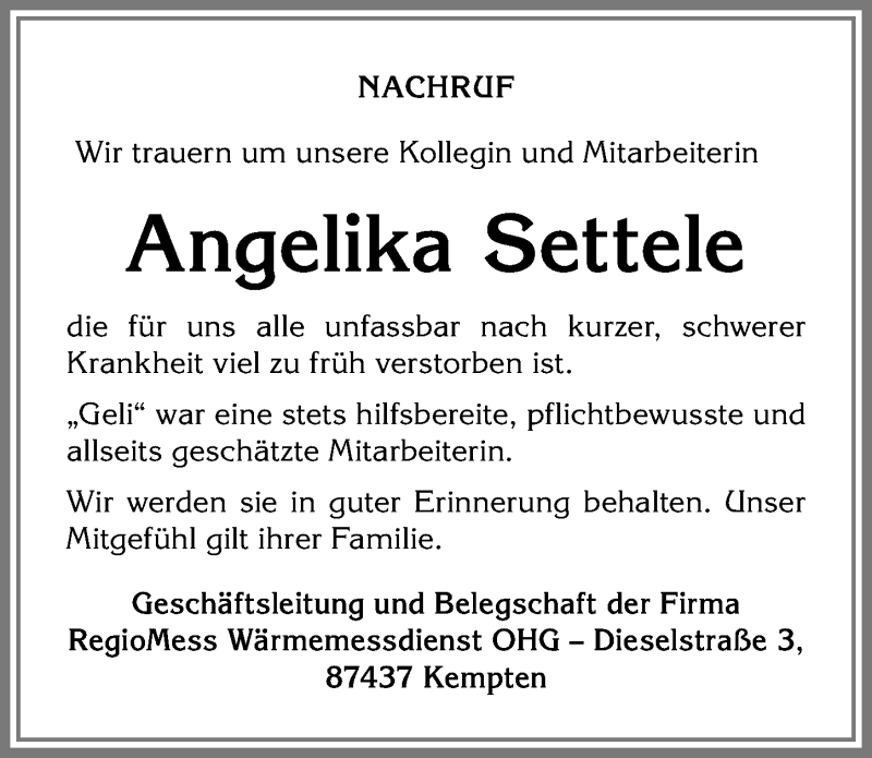  Traueranzeige für Angelika Settele vom 20.03.2018 aus Allgäuer Zeitung