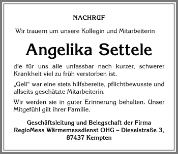 Traueranzeige von Angelika Settele von Allgäuer Zeitung