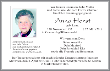 Traueranzeige von Anna Horst von Allgäuer Zeitung, Marktoberdorf