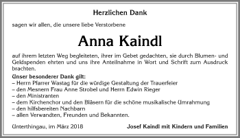 Traueranzeige von Anna Kaindl von Allgäuer Zeitung, Marktoberdorf
