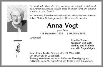 Traueranzeige von Anna Vogt von Allgäuer Zeitung, Kaufbeuren/Buchloe