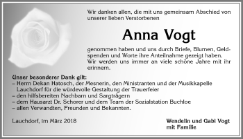 Traueranzeige von Anna Vogt von Allgäuer Zeitung, Kaufbeuren/Buchloe