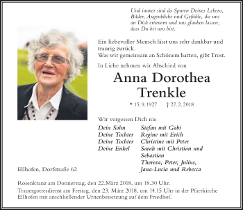 Traueranzeige von Anna Dorothea Trenkle von Der Westallgäuer