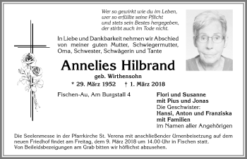 Traueranzeige von Annelies Hilbrand von Allgäuer Anzeigeblatt