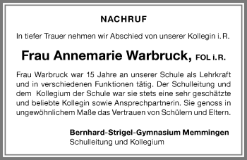 Traueranzeige von Annemarie Warbruck von Memminger Zeitung