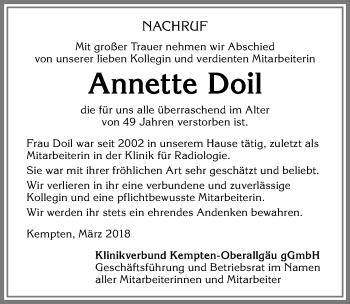 Traueranzeige von Annette Doil von Allgäuer Zeitung,Kempten