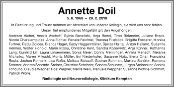 Traueranzeige von Annette Doil von Allgäuer Zeitung,Kempten