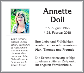Traueranzeige von Annette Doil von Allgäuer Zeitung,Kempten