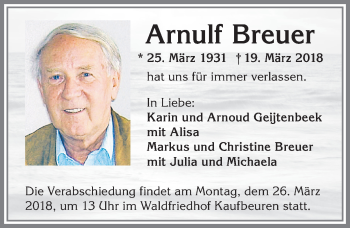 Traueranzeige von Arnulf Breuer von Allgäuer Zeitung, Kaufbeuren/Buchloe