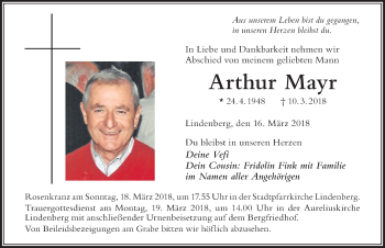 Traueranzeige von Arthur Mayr von Der Westallgäuer