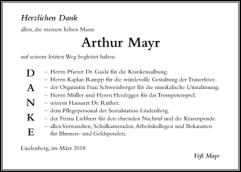 Traueranzeige von Arthur Mayr von Der Westallgäuer