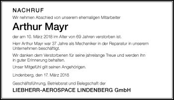 Traueranzeige von Arthur Mayr von Der Westallgäuer