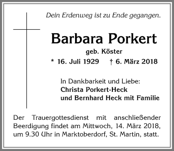 Traueranzeige von Barbara Porkert von Allgäuer Zeitung, Marktoberdorf