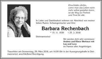 Traueranzeige von Barbara Rechenbach von Allgäuer Zeitung,Kempten