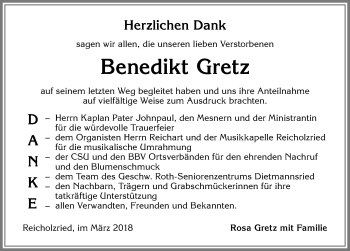 Traueranzeige von Benedikt Gretz von Allgäuer Zeitung,Kempten