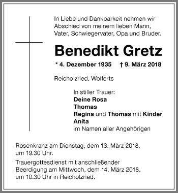 Traueranzeige von Benedikt Gretz von Memminger Zeitung