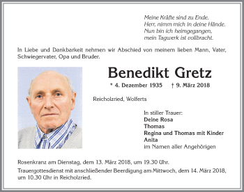 Traueranzeige von Benedikt Gretz von Allgäuer Zeitung,Kempten