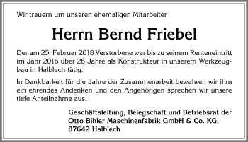 Traueranzeige von Bernd Friebel von Allgäuer Zeitung, Füssen