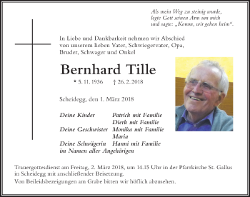 Traueranzeige von Bernhard Tille von Der Westallgäuer