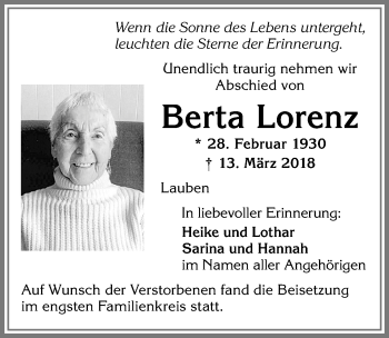 Traueranzeige von Berta Lorenz von Allgäuer Zeitung,Kempten