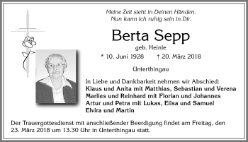 Traueranzeige von Berta Sepp von Allgäuer Zeitung, Marktoberdorf